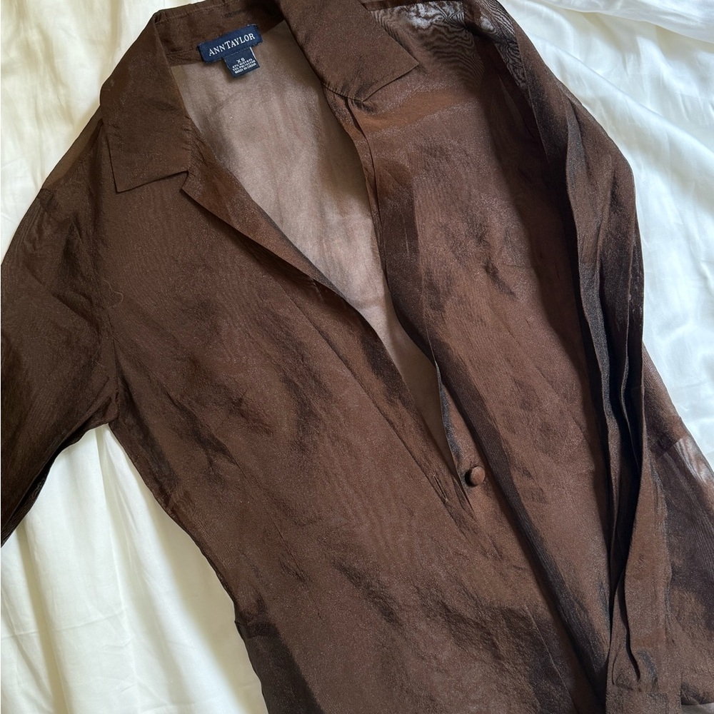 Ann Taylor Mesh Brown Collared Long Sleeve